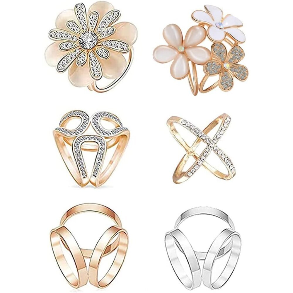 6pcs Women's Fashion Flover Faux Pearl Crystal Rhinestone Scarf Ring Buckle Clip